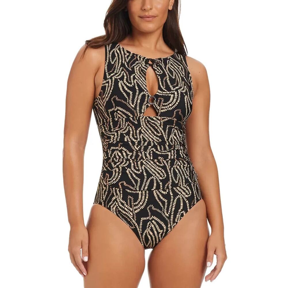 Beyond Control Women's High-Neck Tummy-Control Swimsuit, Black, Size 14 0076